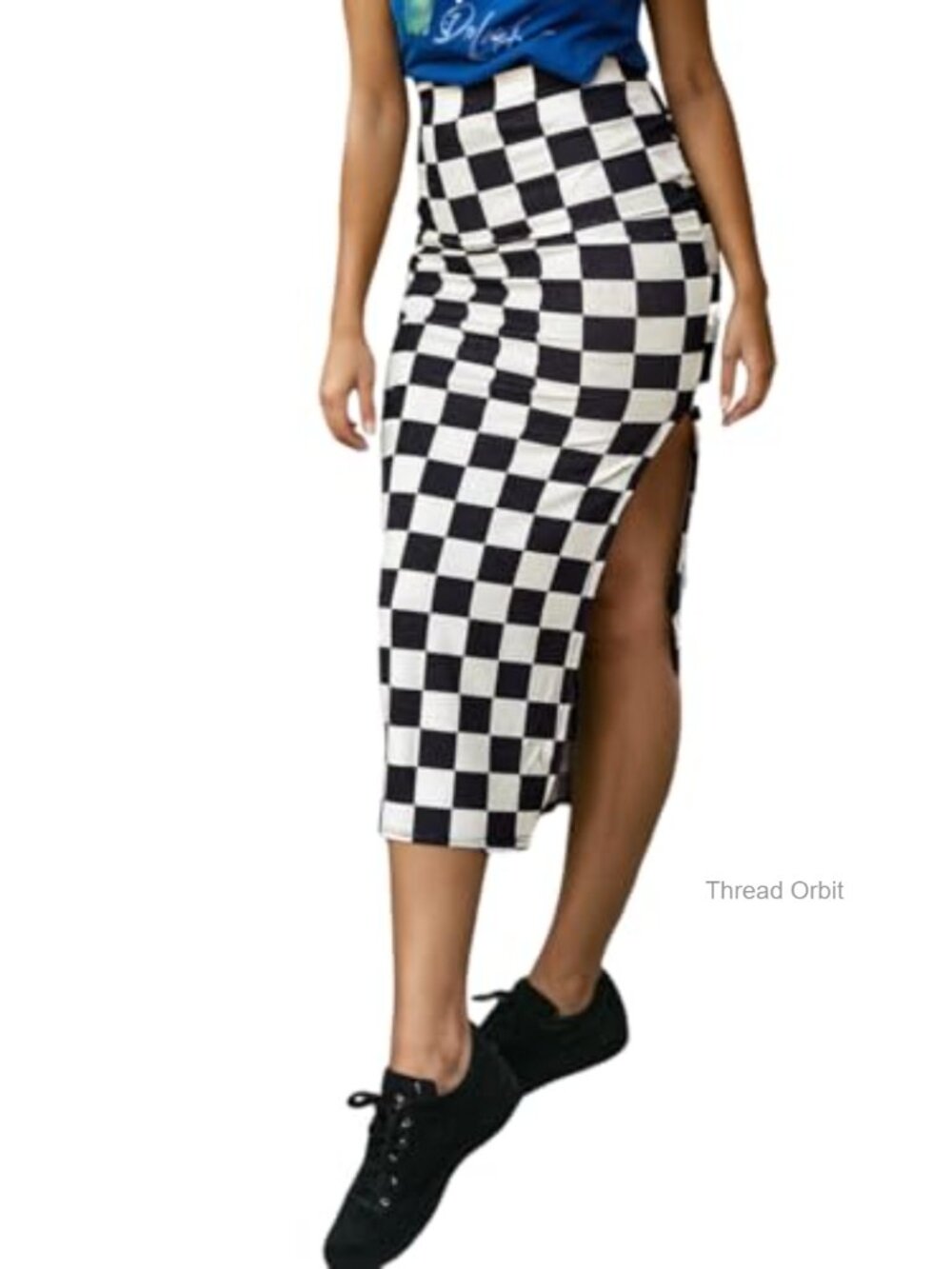 Womens Checkered Midi Bodycon Skirt High Waist Side Slit Summer Fall
